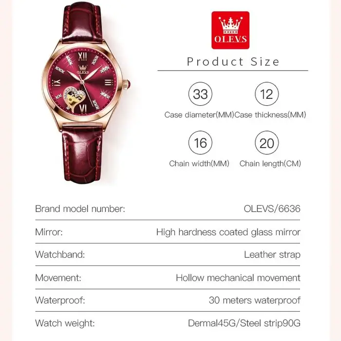 OLEVS 6636 montre de luxe pour femmes entièrement automatique conception creuse diamant en forme de coeur