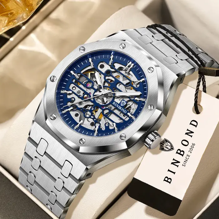 Montre mécanique squelette BINBOND résistante à l'eau pour homme avec mouvement automatique et bracelet en acier inoxydable occasions spéciales et quotidienne