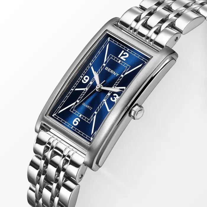 BERNY carré hommes montre lumineux Quartz chiffre romain cadran 316L acier inoxydable décontracté mode rectangulaire