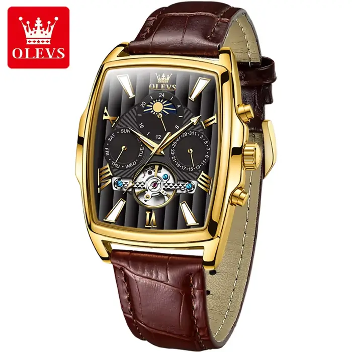 OLEVS luxe cadran rectangulaire montres mécaniques étanche en cuir automatique montre lumineuse hommes d'affaires relogios masculino