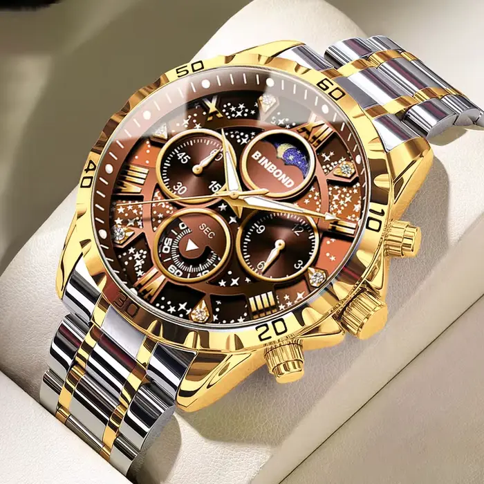 BINBOND luxe mode hommes montres multi-fonctionnel en acier inoxydable Original Quartz montre-bracel