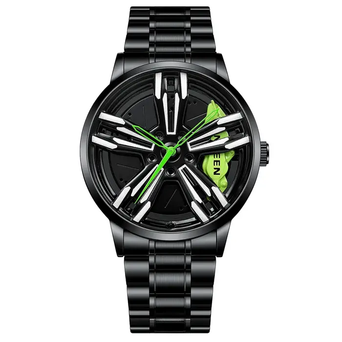 FNGEEN montre de course pour hommes personnalisé Super voiture jante conception en acier inoxydable noir rétro étanche