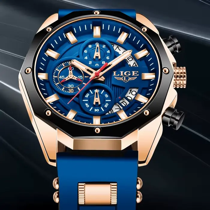 LIGE bleu Montre en Silicone pour hommes mode militaire Sport chronographe horloge mâle haut marque de luxe étanche
