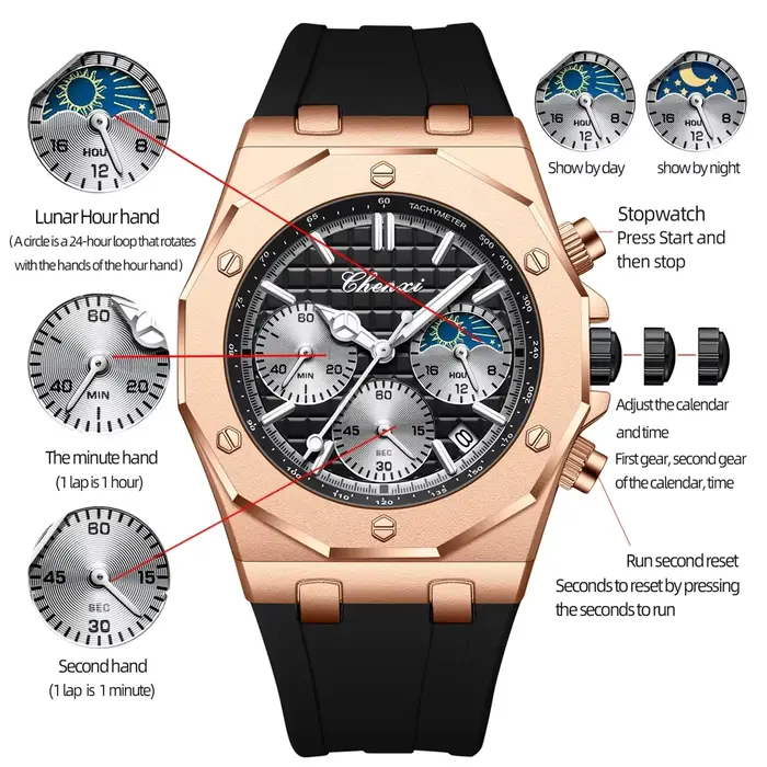Montre CHENXI Hommes de Luxe Chronographe Sport Quartz Élégante Résistante à l'Eau Bracelet en Silicone Occasions Spéciales