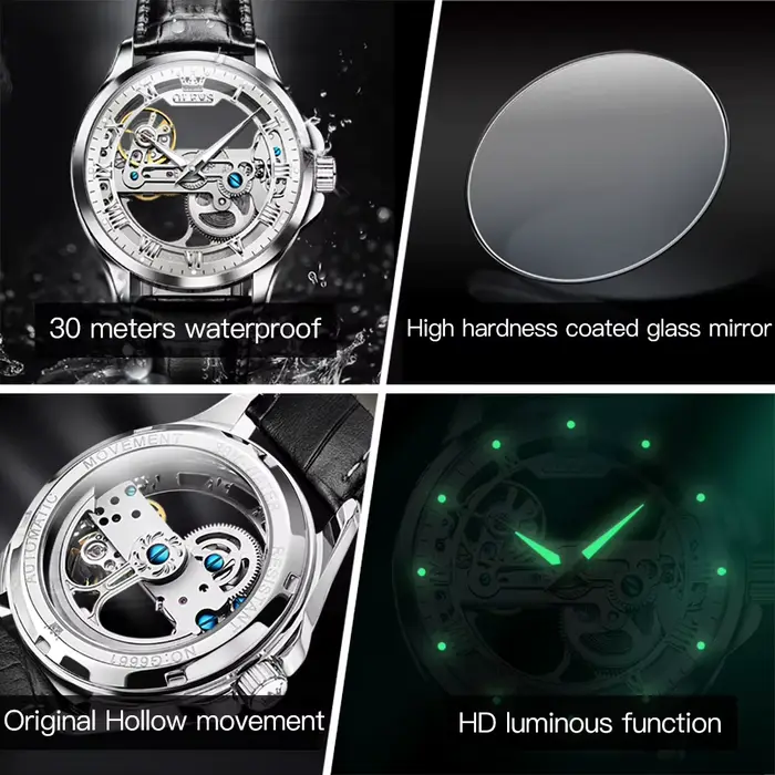 OLEVS 6661 montre homme automatique entièrement creuse bracelet en cuir de mode étanche horloge à main lumineuse montres mécaniques pour hommes