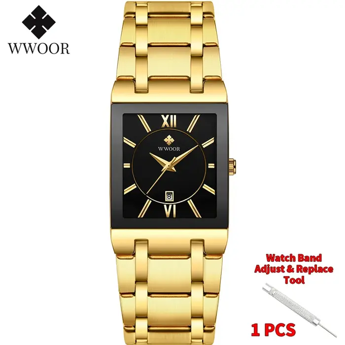 Montre carrée homme en acier inoxydable avec mouvement quartz doré résistante à l'eau pour toutes les occasions