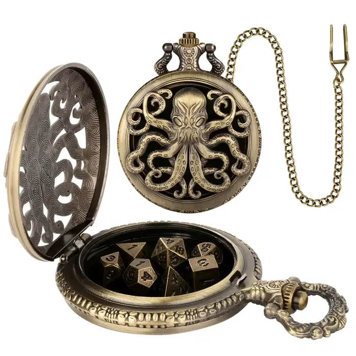 Boîtier de montre de poche poulpe creux en Bronze, avec chaîne Fob, 7 pièces, petit jeu de dés polyé