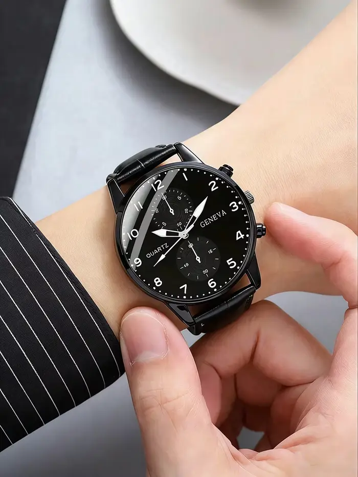 Ensemble montre à quartz en cuir PU pour homme avec portefeuille et stylo de signature