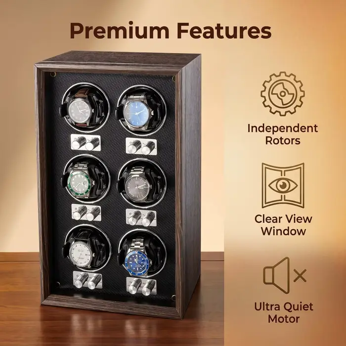 Remontoir de montres Virtorix en bois à 6 emplacements rotation automatique contrôle LED indépendant anti-magnétique silencieux pour rangement de montres mécaniques occassions spéciales