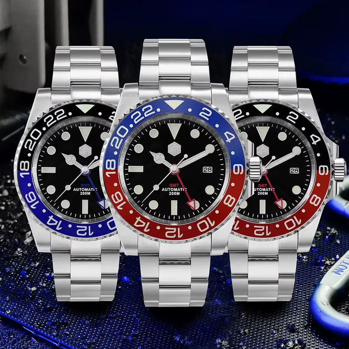 Montre mécanique San Martin luxe GMT Hangzhou 6460 automatique pour hommes résistante à l'eau 200m occassions sport plongée quartz acier inoxydable 316L saphir lumineuse