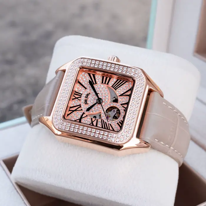 Montre habillée carrée pour femme cadran en or rose diamant chiffres romains bracelet en cuir gris montre-bracelet