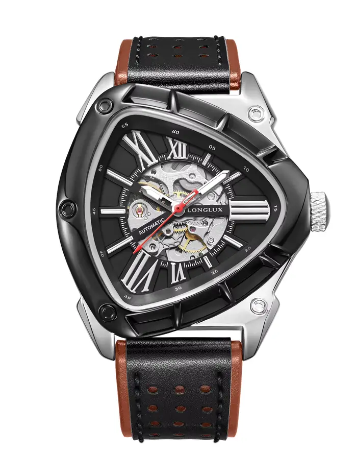 Montre automatique de style outdoor, mécanique, en cuir, rétro, squelette triangulaire, étanche, lum