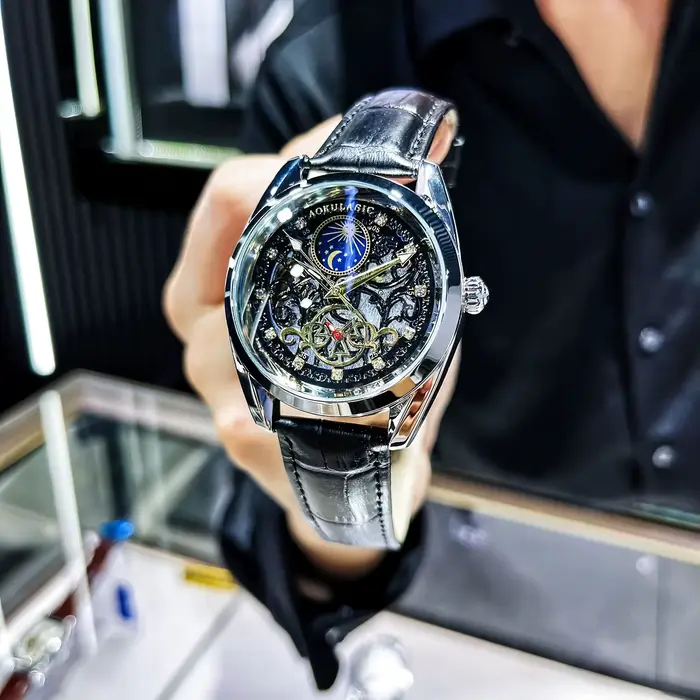 Montres mécaniques AOKULASIC pour hommes élégantes et polyvalentes avec mouvement automatique et résistance à l'eau 3 bars pour différentes occasions sociales et professionnelles