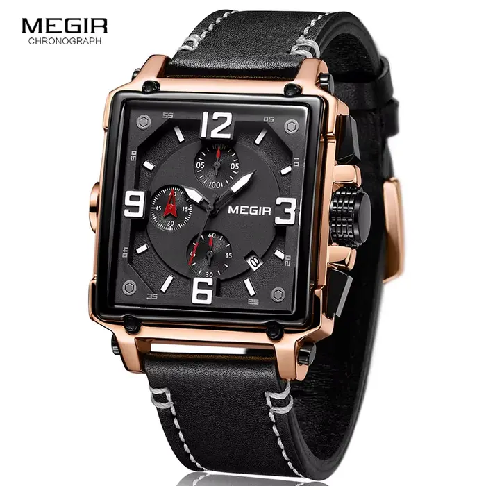 Montre-bracelet à quartz MEGIR avec bracelet en cuir pour homme, chronographe multifonctionnel, résistance à l'eau, date auto et calendrier complet, parfait pour les activités sportives et les tenues de ville