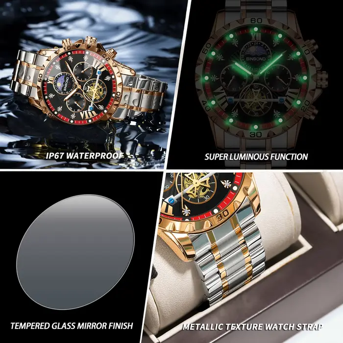 Montre de luxe BINBOND à quartz sportive avec chronographe pour homme résistante à l'eau pour diverses occasions