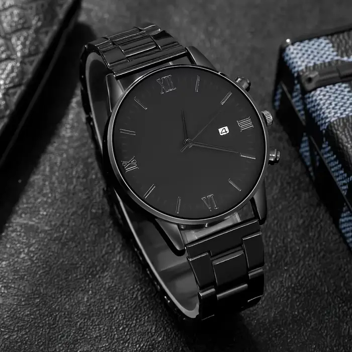 Ensemble de montres à quartz minimalistes noires pour hommes 4 pièces/ensemble avec bracelet