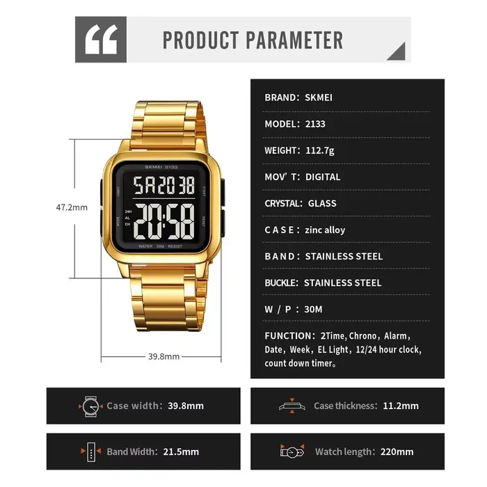 SKMEI 2133 montres numériques mâle alarme Reloj Hombre luxe en acier inoxydable lumière Sport montre de mode hommes 3Bar étanche