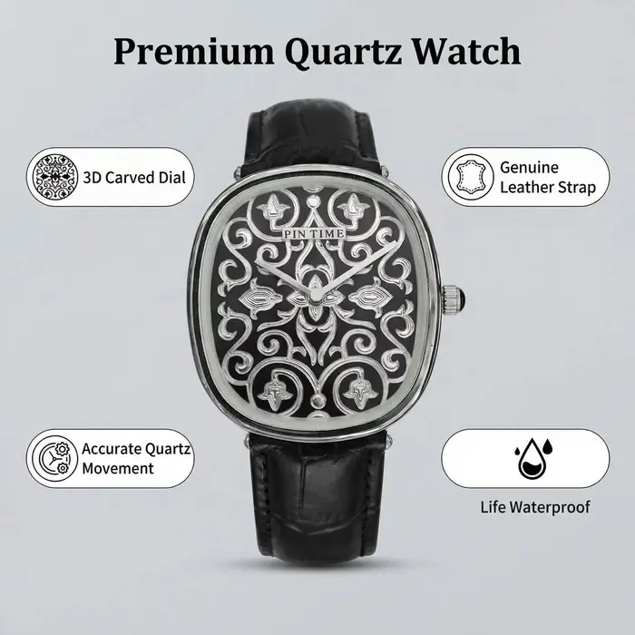Montre à Quartz Design Sculpté en 3D Mouvement Sunon Boîtier Alliage Bracelet Cuir Occasions Spéciales Polyvalente Pour Homme
