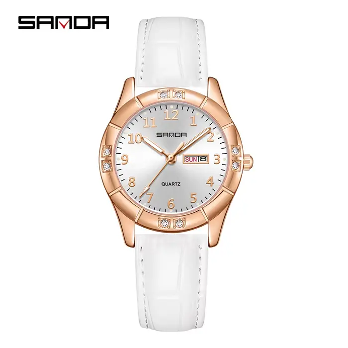 SANDA2026 Nouvelle montre à quartz coréenne vintage en cuir à double calendrier pour femme, étanche 