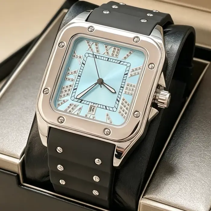 Montre Homme de Luxe à Quartz Diamant Carré de Haute Qualité, Bracelet Caoutchouc, Date Automatique,