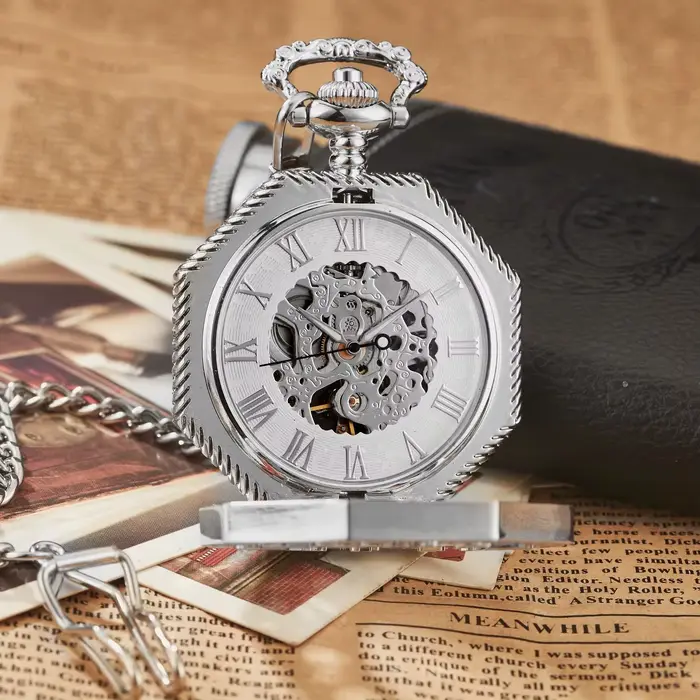 Montre de poche mécanique hexagonale classique avec chaîne FOB