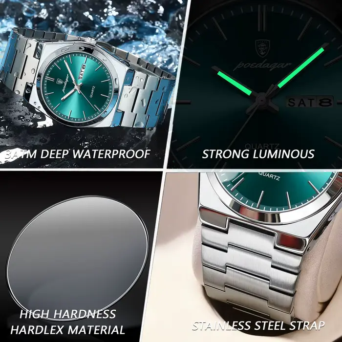 Montre en acier inoxydable POEDAGAR avec affichage de la date et de la semaine pour homme, résistante à l'eau, style décontracté et moderne