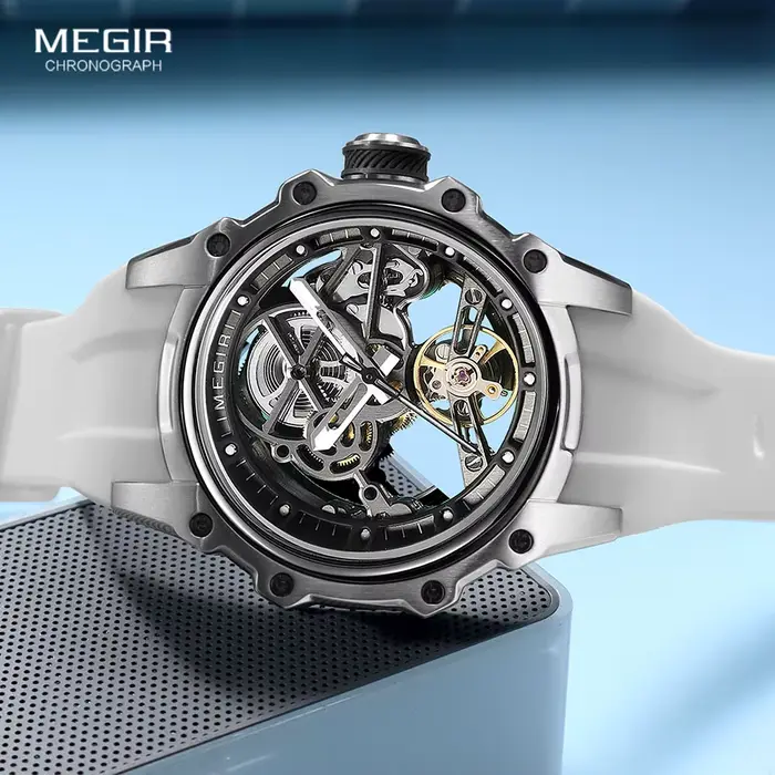 Montre mécanique MEGIR à cadrain squelettique avec bracelet en silicone pour homme, résistante à l'eau, style mode et casual