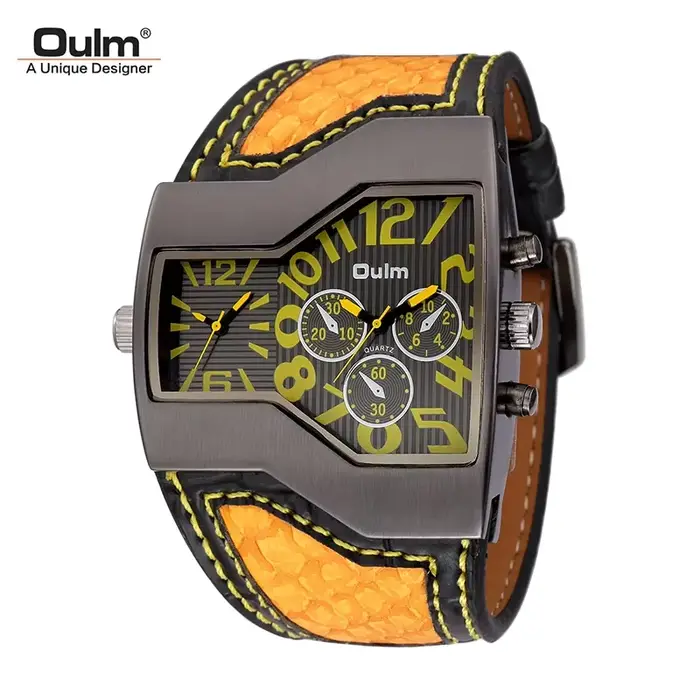 Montre Militaire Oulm à Quartz Design Unique Bracelet en Cuir Pour Homme Occasions Spéciales Chronographe et Boussole Intégrée