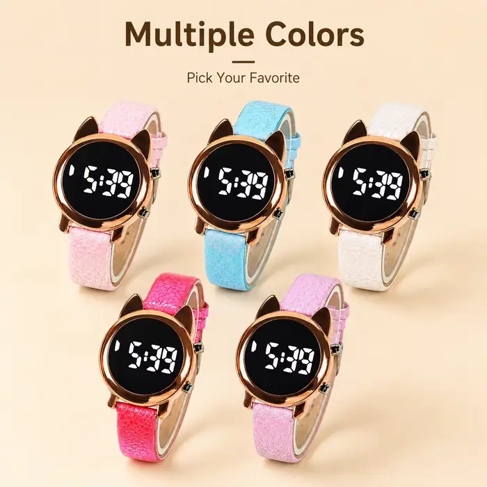 Montre numérique LED avec design oreilles de chat, boîtier en or rose et bracelet brillant gaufré pour femmes occasions spéciales et tenues quotidiennes