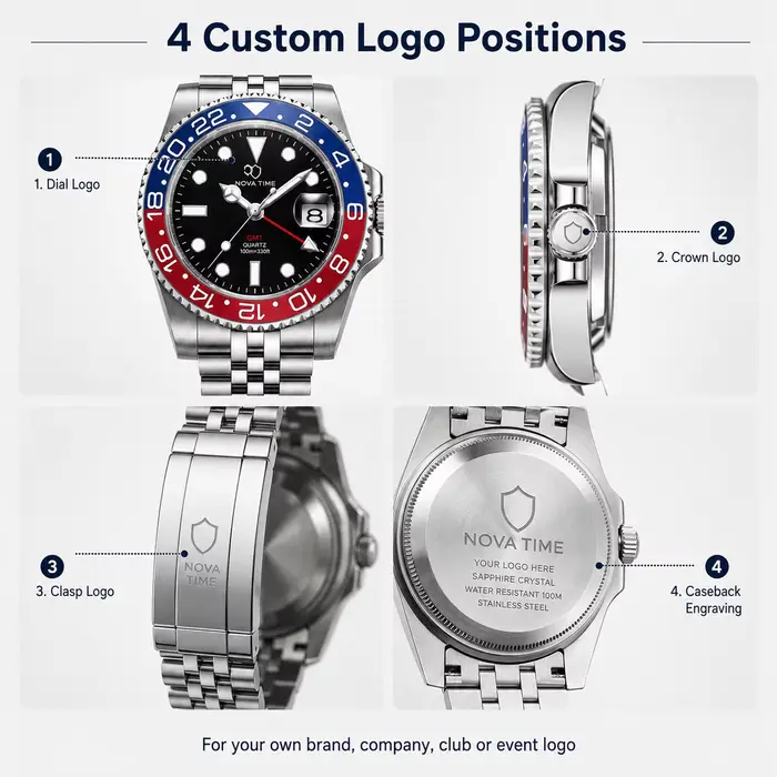 Montre GMT avec logo de marque personnalisé pour hommes