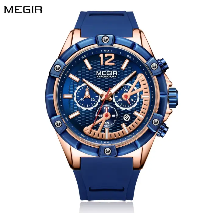 Montre homme MEGIR cadran bleu bracelet cuir résistante à l'eau pour affaires et occasions spéciales quartz élégante