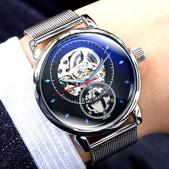 Montre Mécanique MG.ORKINA Boîtier Or Rose Squelette Hommes Bracelet Acier Inoxydable Occasions Spéciales