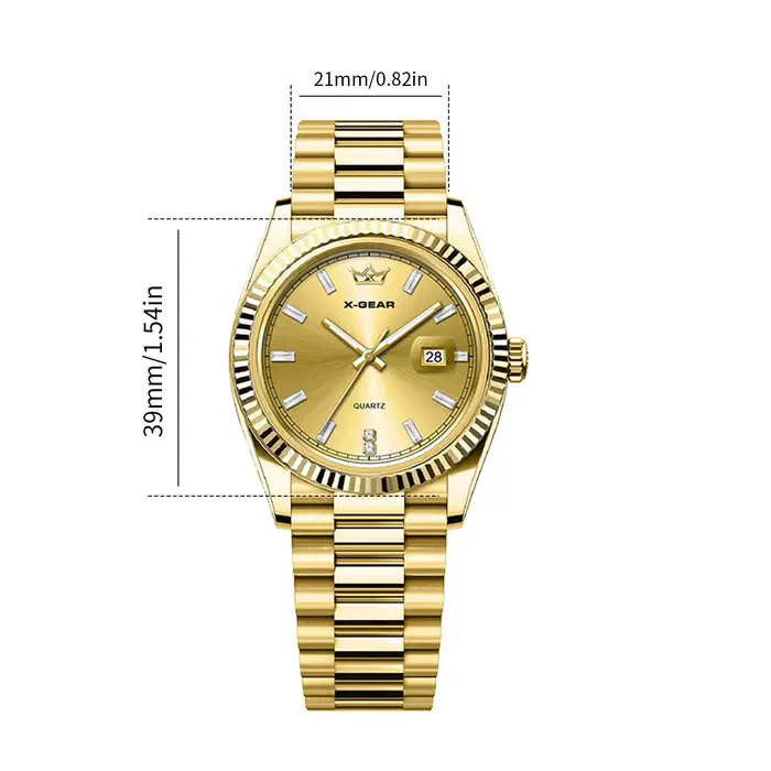 Montre-bracelet homme X-GEAR acier inoxydable or et vert style business casual avec calendrier mouvement quartz résistance à l'eau 5 bars pour femmes occasions spéciales