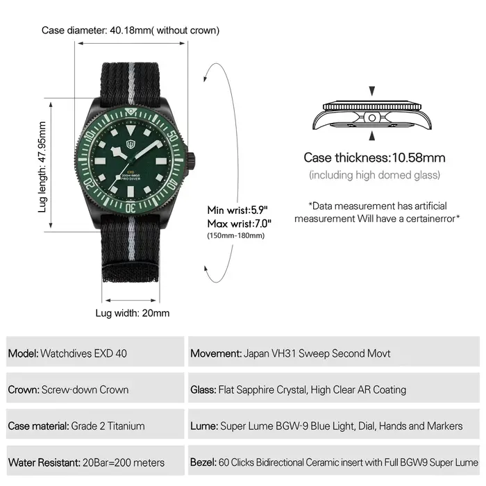 Watchdives EXD 40mm montre de plongée en titane VH31 balayage deuxième Movt saphir BGW9 Lume 200M WR lunette en céramique bracelet Interchangeable