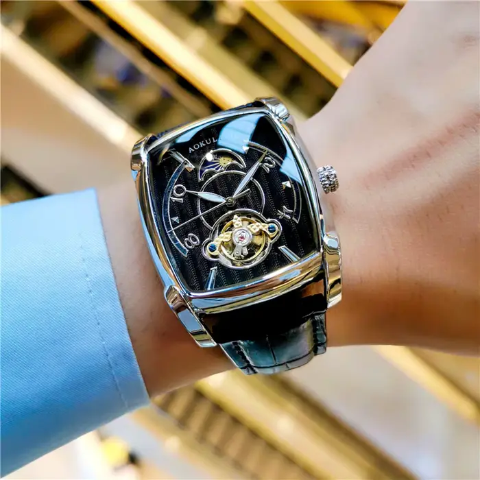 AOKULASIC Tourbillon squelette montre mécanique pour hommes mains lumineuses bracelet en cuir mode affaires