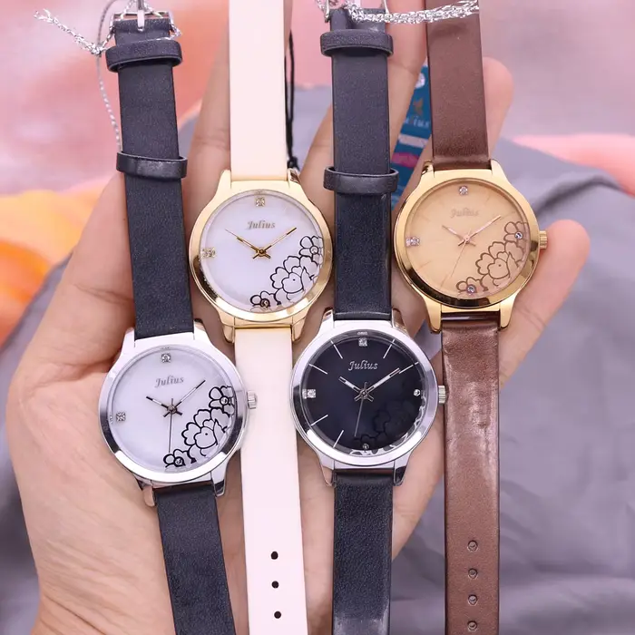 Montre en Cuir group pour Femme, Nacre, Quatre Feuilles, Everver, Julius, Mode, Heures, Bracelet, Cadeau d'Anniversaire pour Fille, Sans Boîte