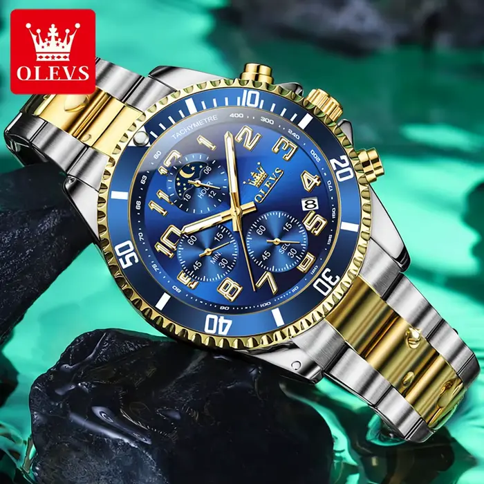 Montre homme multifonctionnelle chronographe quartz étanche phase de lune pour courses et activités aquatiques