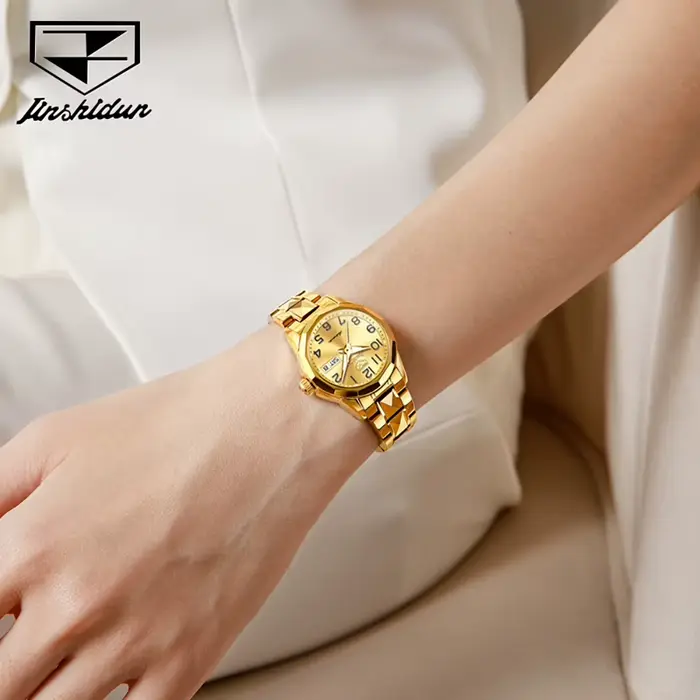 Montre de luxe JSDUN 8990 avec double calendrier et bracelet en acier au tungstène pour femmes occasions spéciales