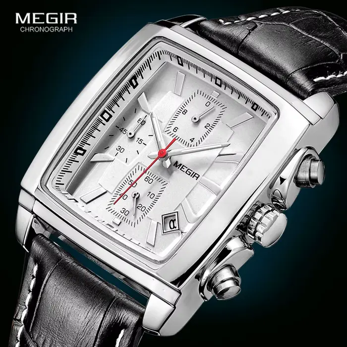 Megir cadran rectangulaire bracelet en cuir Montre pour hommes décontracté bleu chronographe montres