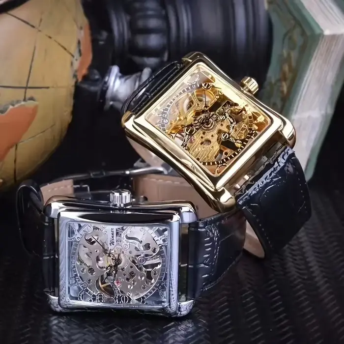 Montre mécanique manuelle de luxe pour homme design rectangulaire ajouré bracelet en cuir haut de gamme et tendance montre élégante et stylée de style urbain occassions formelles et informelles