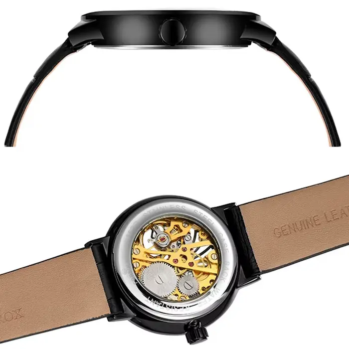 Montre mécanique SKROX élégante pour homme, avec mouvement ventilé manuel, résistance à l'eau, et finition en acier inoxydable et cuir, pour toutes occasions