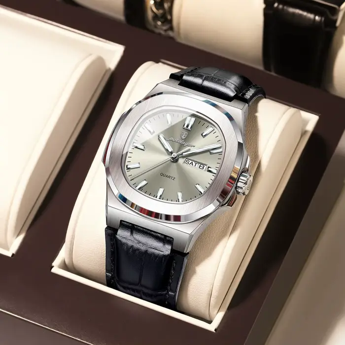 POEDAGAR montre de haute qualité pour hommes de luxe lumineux étanche semaine calendrier homme horloge en cuir carré