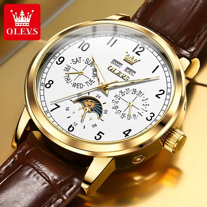 Montre mécanique OLEVS en cuir pour homme, phase de lune, étanche, calendrier touristique, élégante à offrir pour occasions spéciales
