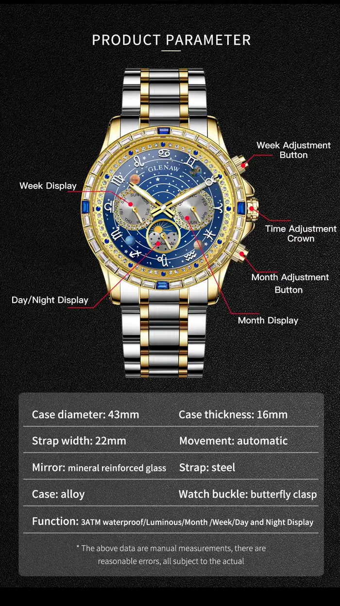Glenaw haut de gamme affaires entièrement automatique mécanique multifonctionnel montre pour hommes à la mode étanche