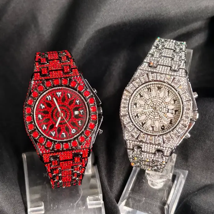 Montre homme diamant rouge PINTIME luxe quartz avec fermoir caché à bouton-poussoir pour homme occasions spéciales