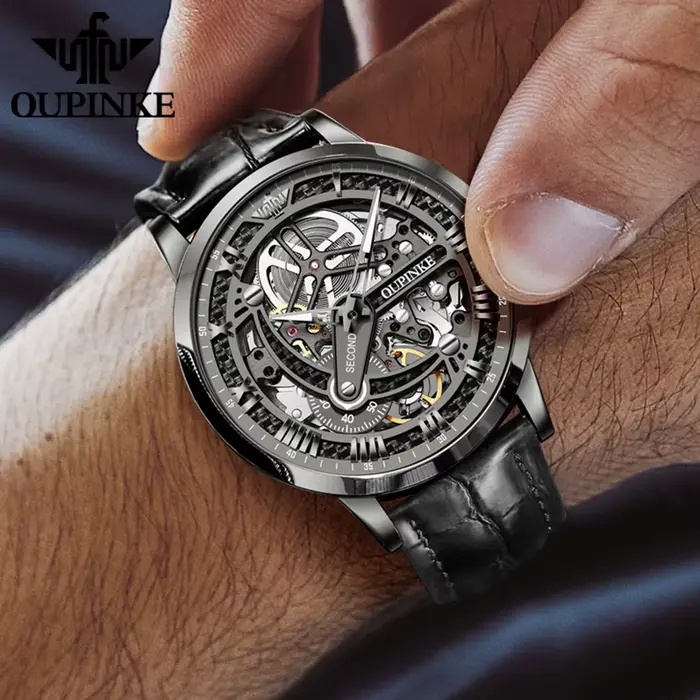 Montre-bracelet OUPINKE 3173 en acier inoxydable avec bracelet en cuir pour homme, luxe, chronographe, résistance à l'eau, design squeletté, affichage romain