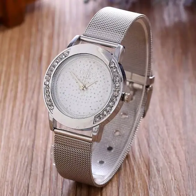 Nouvelles femmes montres haut or métal maille en acier inoxydable montre dames cristal montre à Quar