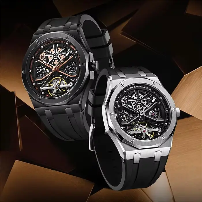 Mark FAIRWHALE Tourbillon mode montre pour hommes 6400 étanche lumineux bracelet en Silicone marque automatique montres mécaniques pour homme