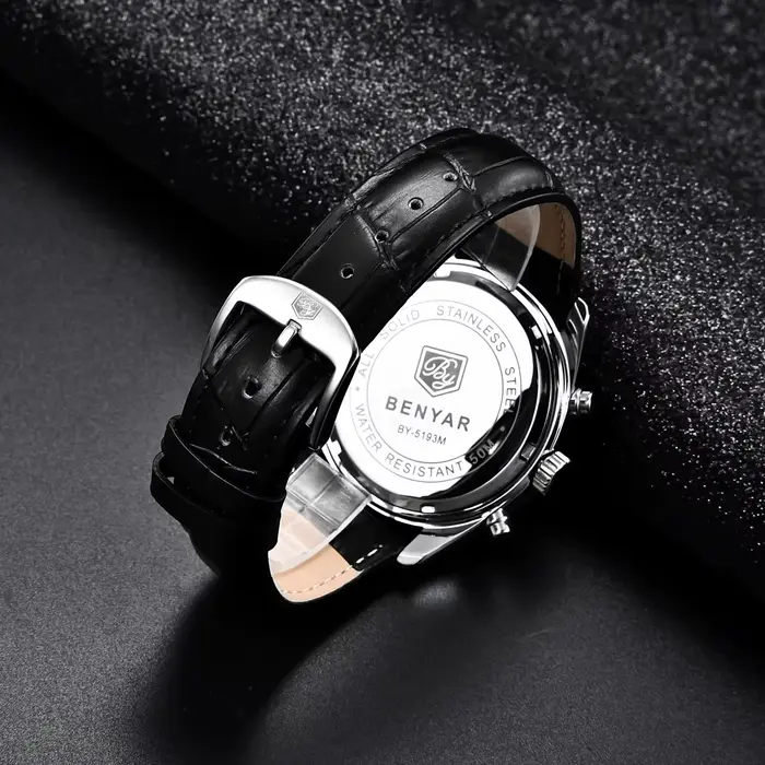 BENYAR nouveaux hommes montre 30ATM étanche en acier inoxydable montres à Quartz de luxe en cuir militaire chronographe