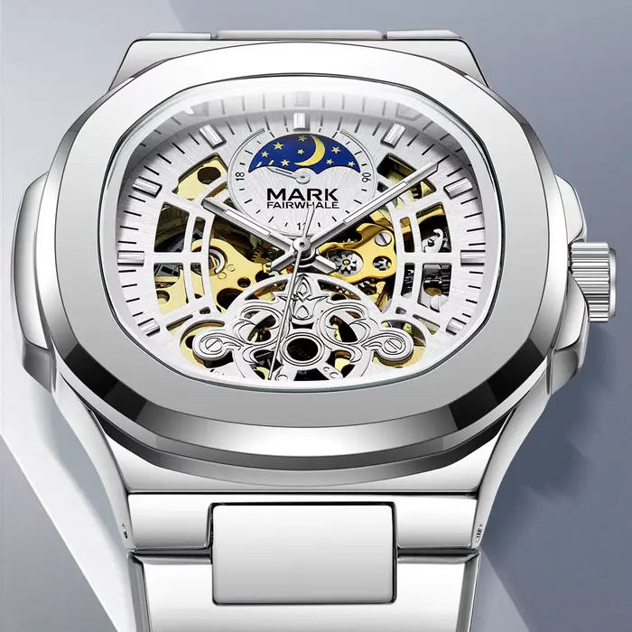 Mark Fairwhale mouvement automatique 6012 nouveau cadran de Phase de lune creuse Tourbillon en acier inoxydable étanche mécanique montre pour hommes